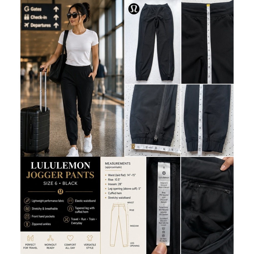 Lululemon Black Jogger Pants Size 6 Ankle Zip Stretch Travel Running Athletic